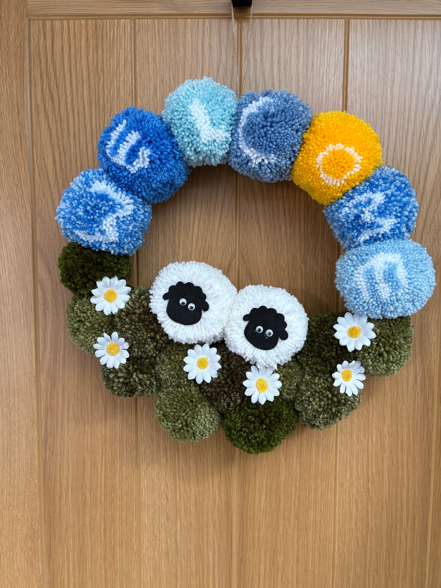Welcome sheep pompom door wreath