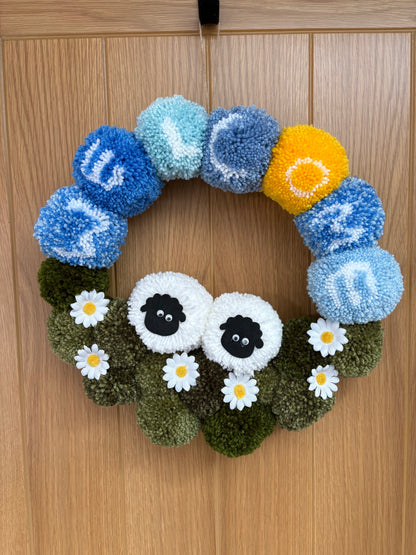 Welcome sheep pompom door wreath