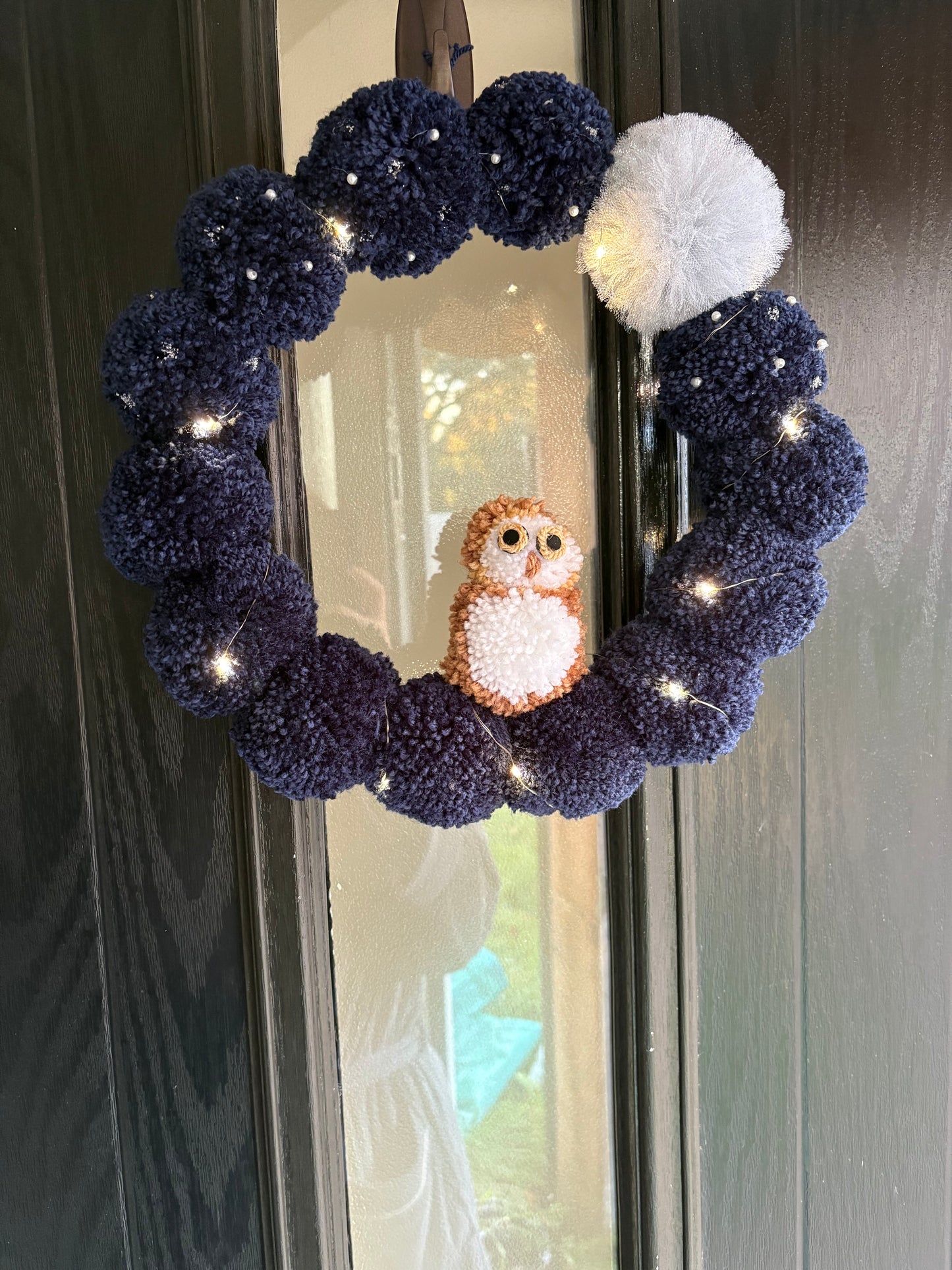 Handmade night owl door wreath with fairy lights, 30cm, by The PomPom Lodge